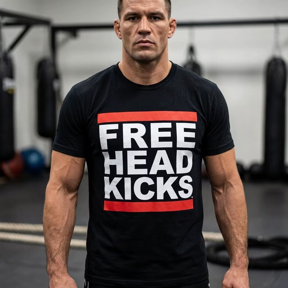 Fighter wearing the Free Headkicks tee in the gym