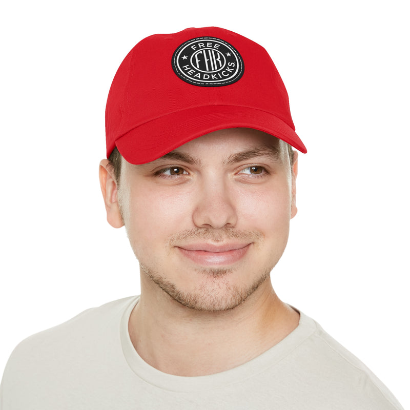 Man front view FHK Red w/ Black patch dad hat